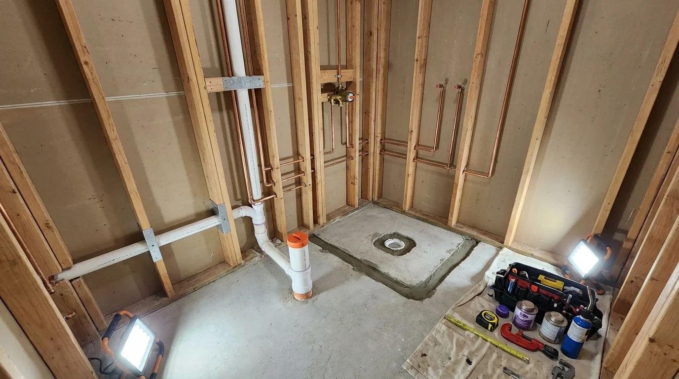 Bathroom rough-in plumbing during remodel by Johns Plumbing LLC in La Porte