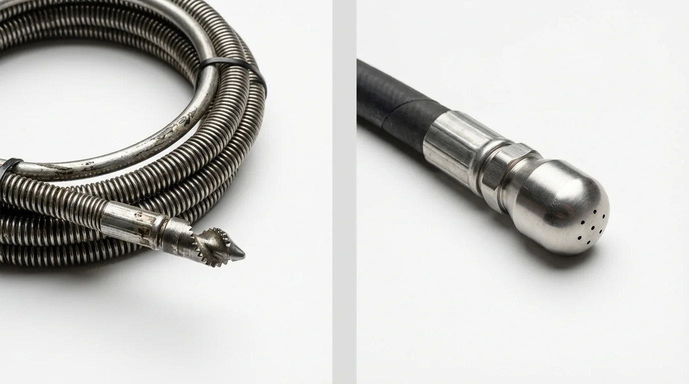 Drain snake cable and hydro jetting nozzle used for drain cleaning in La Porte, TX