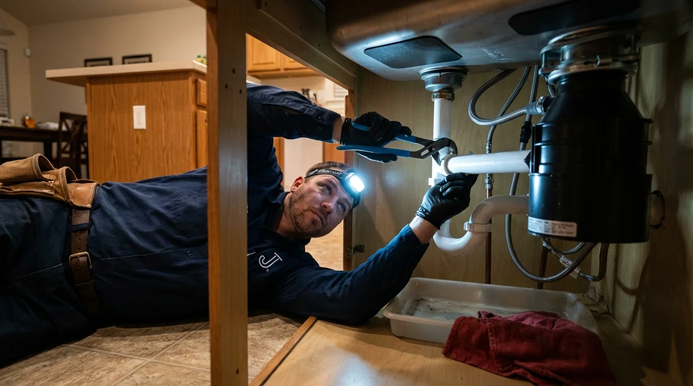 P-trap and supply line connections under a kitchen sink showing a common leak point in La Porte, TX